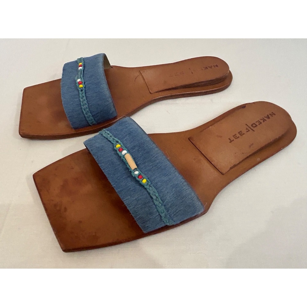 Naked Feet Blue Pony Hair Square Toe Slide Sandals Women's 9 M Leather Casual